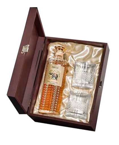 GRAPPA FRANCOLI COPPIA DI CASK 50 CL CON DUE BICCHIERI IN CONFEZIONE DI LEGNO